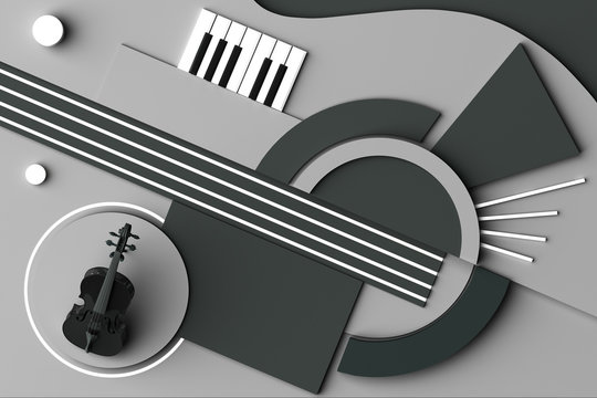 Violin and music instrument concept, Abstract composition of geometric shapes platforms in black tone. 3d rendering