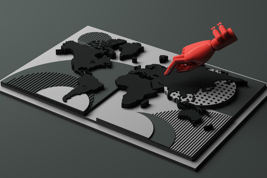 World map with human's hand and bomb concept abstract composition of geometric shapes platforms in black tone. 3d rendering
