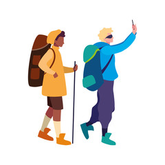 men with backpack and stick hiking traveler