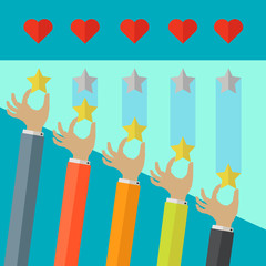 Star rating system with hearts and hands putting stars in place vector concept