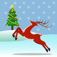 Reindeer outside with a christmas tree and snowflakes vector illustration