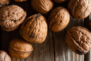 walnuts on old wooden table directly above