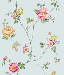 Fototapety  Akwarela ilustracja kwiatowy, różowe, żywe kwiaty, zielone liście, na wesele, pozdrowienia, tapety, moda, tło, tekstura, zawijanie