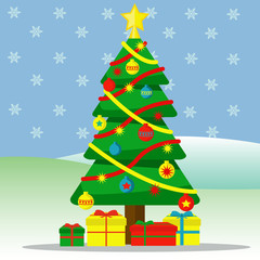 Christmas tree with ornaments and gifts outside with snow falling vector illustration