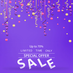 Sale flayer with confetti on neon violet background
