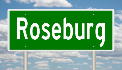 Rendering of a green highway sign for Roseburg Oregon