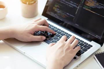 Young programmer is developing and coding the software application. IT start up concept.