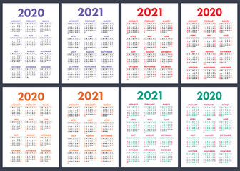 Calendar 2020, 2021 years. Colorful vector set. Week starts on Sunday. Vertical English calender design template