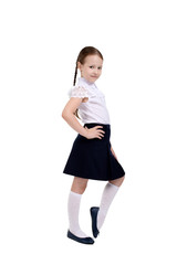  girl goes to first class .schoolgirl in school uniform on white isolated  background