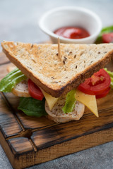 Close-up of a sandwich with chicken, cheese, salad leaves and tomatoes, vertical shot