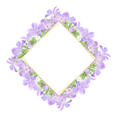 Frame of lilac watercolor geranium flowers isolated on white background. Perfect for web design, cosmetics design, package, textile, wedding invitation, logo
