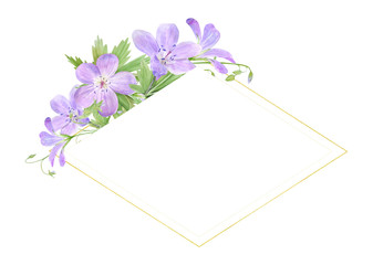 Naklejka na ściany i meble Diamond shaped frame of lilac watercolor geranium flowers isolated on white background. Perfect for logo, design, cosmetics design, package, textile