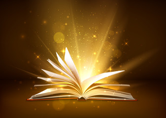 Mystery open book with shining pages. Fantasy book with magic light sparkles and stars. Vector illustration © Ihor