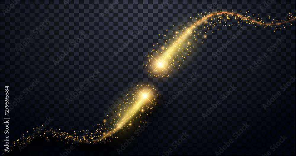 Poster golden particles wave. sparkle stardust. vector glittery twirl with shiny christmas confetti on prem