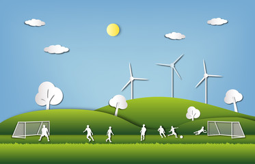 Fototapeta premium group of football player and fresh green city background in paper cut style