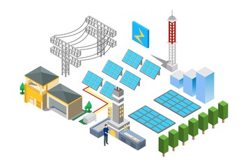 Modern Isometric Smart Electrical Solar Power Plant Technology Illustration in White Isolated Background With People and Digital Related Asset