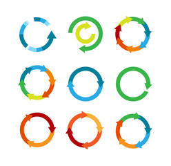 Multicolored arrows in circular motion. Arrow combinations. Rotation arrows. Circle arrow icon. Recycling flat design vector icons set. Recycle icon vector illustration isolated on white background