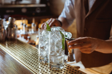 Prepairing gin and tonic at the bar - obrazy, fototapety, plakaty