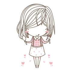 Cute little girl hold fork and spoon, wear pink cloth,isolate with white background. Vector illustration, character design