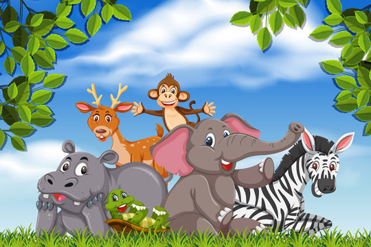 Animals in jungle scene