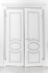 Wooden double wing decorative door in white room