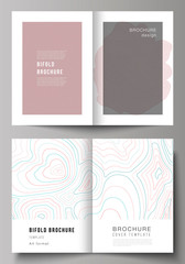 Naklejka na ściany i meble The vector layout of two A4 format modern cover mockups design templates for bifold brochure, magazine, flyer, booklet, annual report. Topographic contour map, abstract monochrome background.