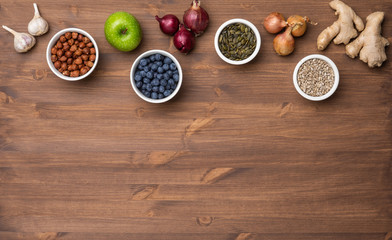 Healthy eating ingredients: fresh vegetables, fruits and superfood. Nutrition, diet, vegan food concept