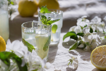 Bottle and glasses of cold lemon drink, ice, mint leaves, slices, white apple flowers on linen tablecloth. Close-up, copy space