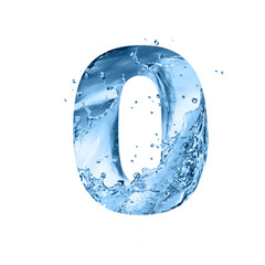 stylized font, text made of water splashes, digit zero, isolated on white background