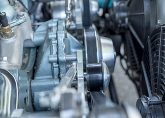 Close up parts of a classic car engine