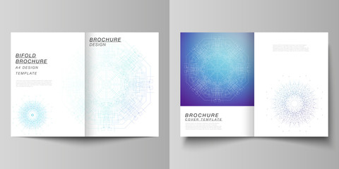Fototapeta premium Vector layout of two A4 format modern cover mockups design templates for bifold brochure, flyer, booklet, report. Big Data Visualization, geometric communication background, connected lines and dots.