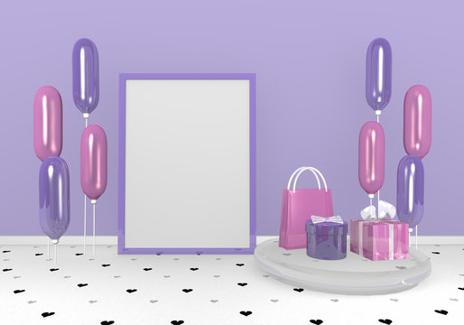 Hintergrundbild mit Geschenken und Luftballons in lila und rosa. 3d render