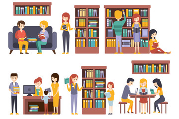 Library And Bookstore With People REading Choosing Books