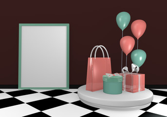 Hintergrundbild mit Geschenken, Luftballons und einer Karte für Text.