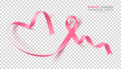 Breast Cancer Awareness Month. Pink Color Ribbon Isolated On Transparent Background. Vector Design Template For Poster.