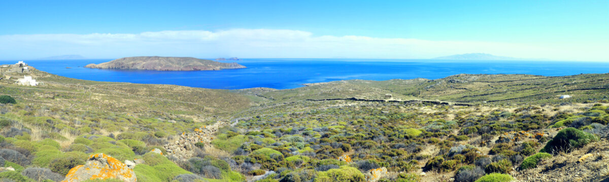 panoramic view of the island Nisida Tragonisi, in southern Mykonos, Cyclades island in the heart of the Aegean Sea