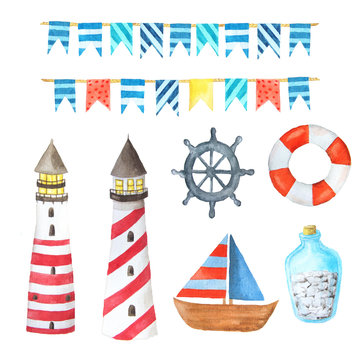 Watercolor sea nautical elements set