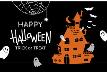 Happy halloween greeting card with haunted house and scary ghost. Holidays party poster.