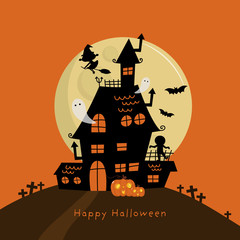 Happy halloween greeting card with haunted house and scary ghost. Holidays party poster.