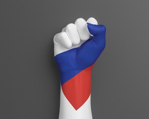 Russian Federation flag painted on hand fist. Day of Russia – national holiday celebration background, power or Russian patriotism concept. 3d illustration