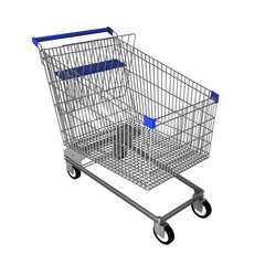 Silver shopping trolley with blue handle side front angle