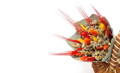 A bouquet of dry wildflowers, free space for advertising information or advertising text