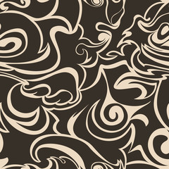 Seamless pattern of spirals and curlicues of black on brown, wave, floral, marine pattern, wave