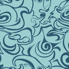 Blue waves, curls on a dark blue background. Stylized flame seamless pattern