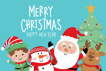 Merry Christmas greeting card with Santa Claus, deer, snowman and little elf. Cute holiday cartoon character vector.