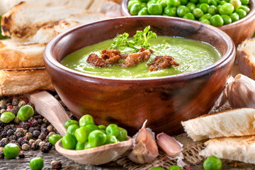 Potage soup made from fresh domestic peas with spices