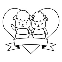 cute couple sheep animals heart love ribbon