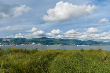 landscape with lake and blue sky