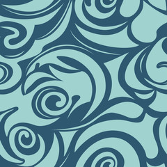 Seamless pattern of spirals and curls of blue color on a dark blue background, wave, floral, marine pattern, wave