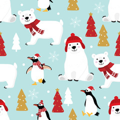 Cute penguin and polar bear in winter costume seamless pattern. Wildlife animal in Christmas holidays outfit background.